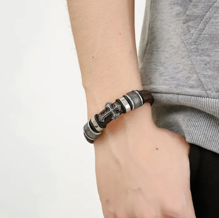 Braided Cross Charm Leather Bracelet for Men With Magnetic closing Leather Rope Bracelet. A gift for him