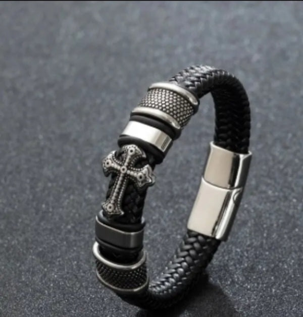 Braided Cross Charm Leather Bracelet for Men With Magnetic closing Leather Rope Bracelet. A gift for him